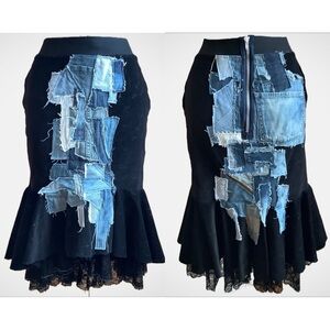 LOVEMATTERS Designer Black Corduroy & Patchwork Denim Skirt Size XS